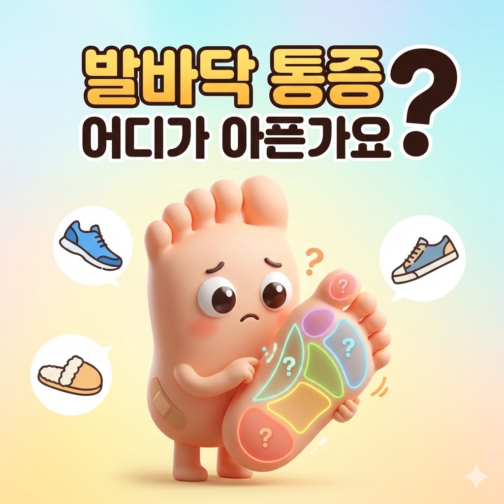 발바닥의 여러 부위를 고민하는 귀여운 발 캐릭터가 있는 3D 카툰 일러스트. 족저근막염, 중족골통 등 발 통증 부위를 상징합니다.