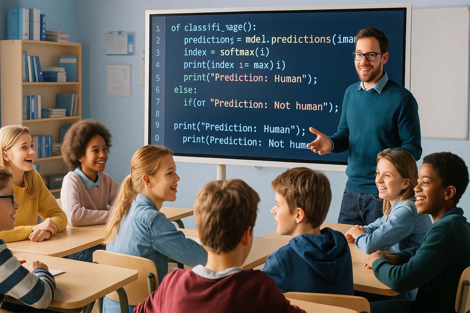 초등학교 교실에서 선생님과 아이들이 AI기반 수업을 하고 있는 모습