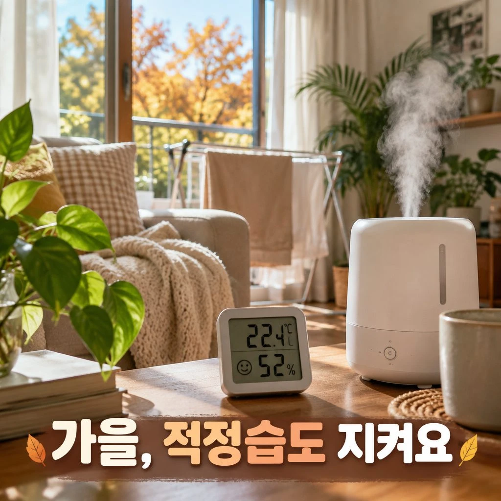 가을 실내 적정습도 52%를 표시한 온습도계와 가습기