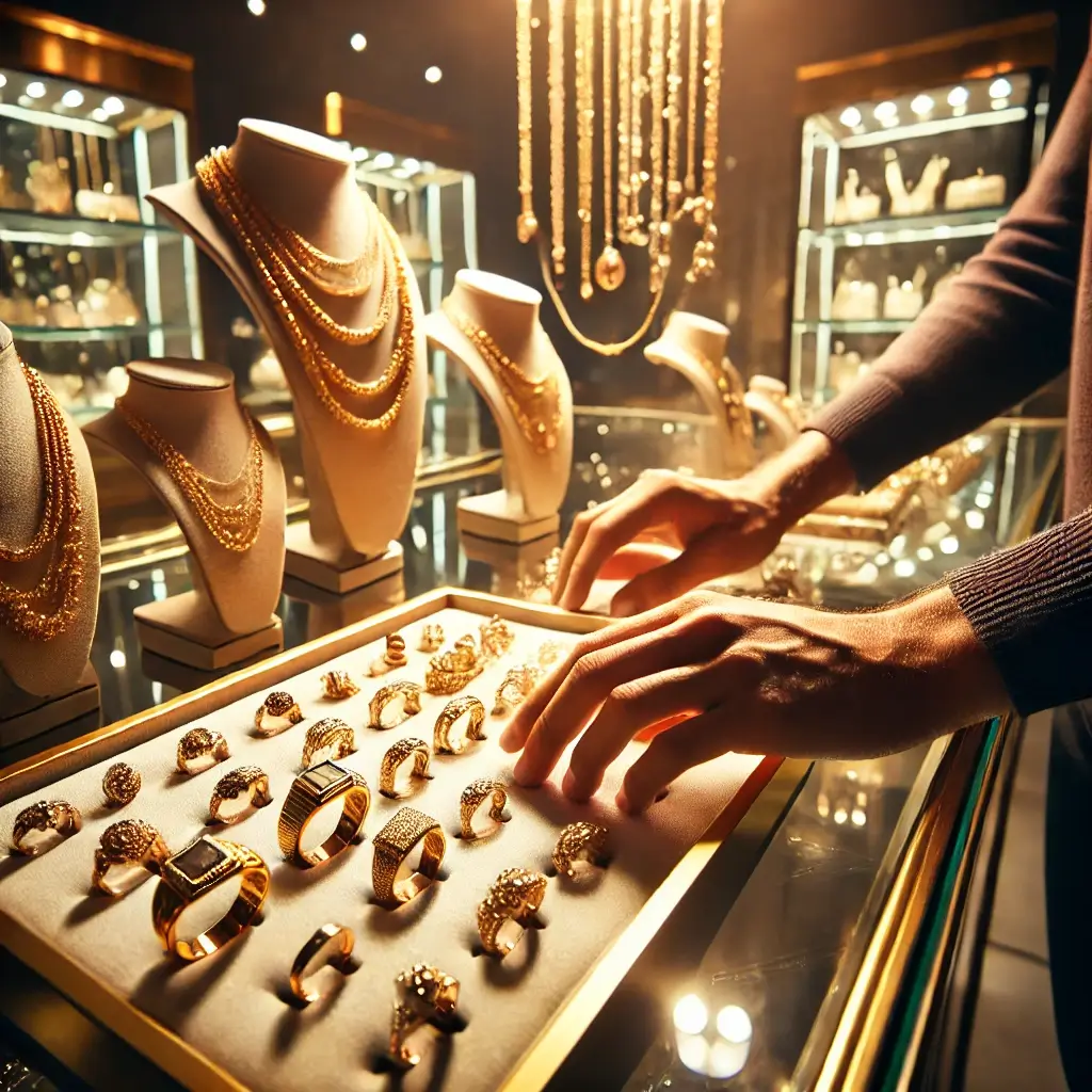 금으로 된 주얼리를 고르는 사진