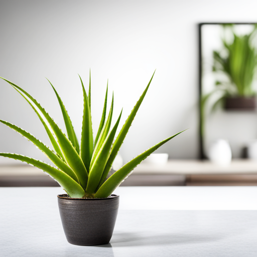 하얀 책상 위에 있는 알로에 그림입니다. 알로에는 화분에 심겨져 있습니다.