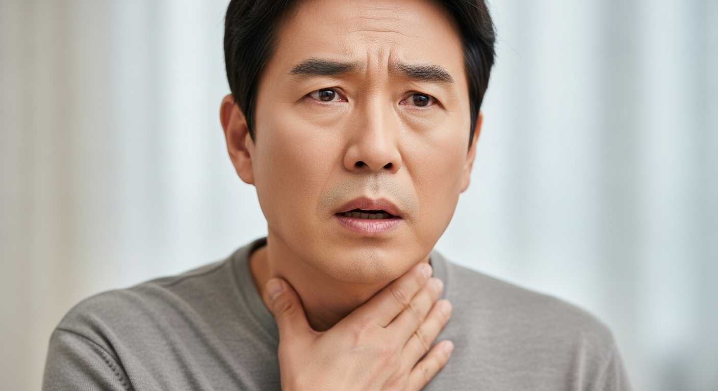 말을 하며 쉰 목소리로 불편해하는 중년 남성