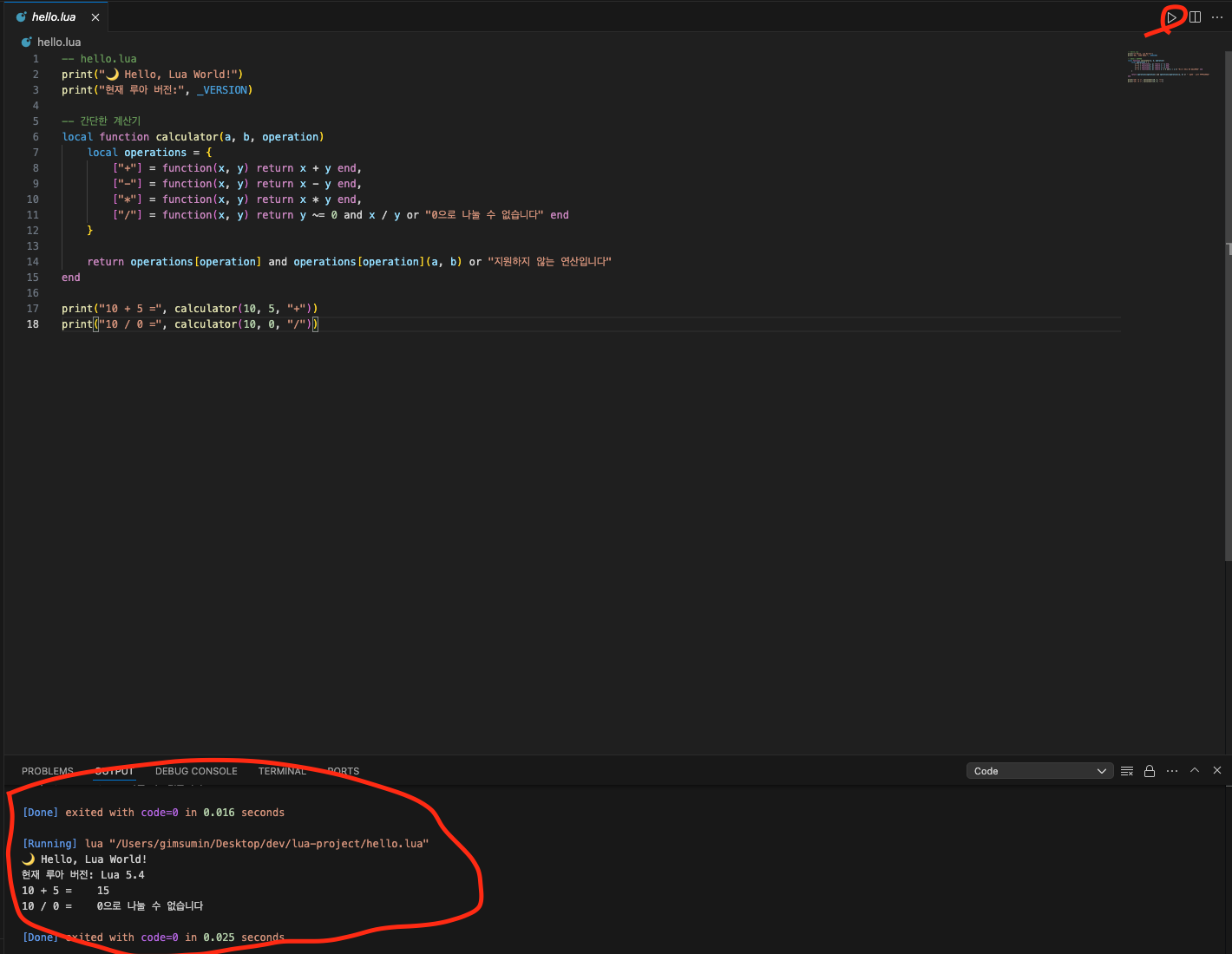 7. VSCode에서 hello.lua 파일 생성 및 편집 화면