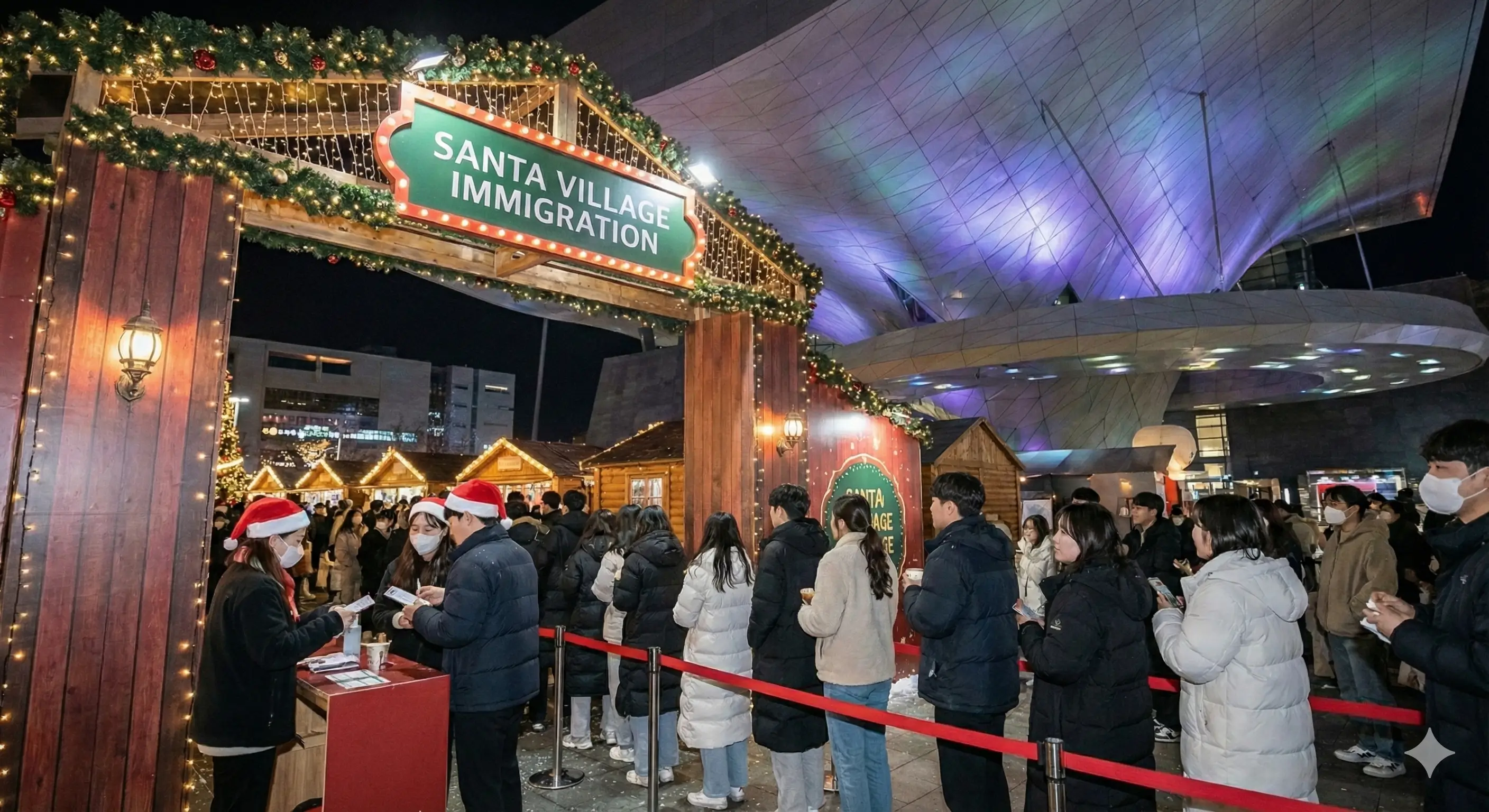 부산 산타마을 입국 심사 입구와 입장 순서를 기다리는 방문객들