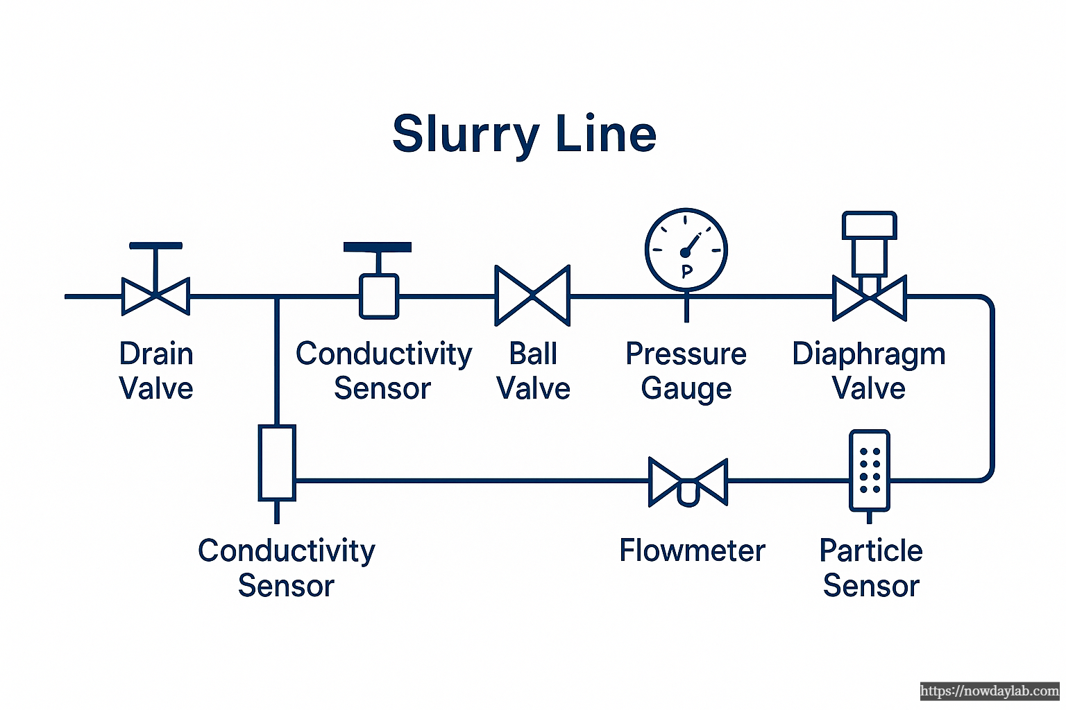Slurry line schematic showing drain valve, ball valve, diaphragm valve, pressure gauge, flowmeter, conductivity sensor, and particle sensor arrangement in a semiconductor CMP slurry distribution system