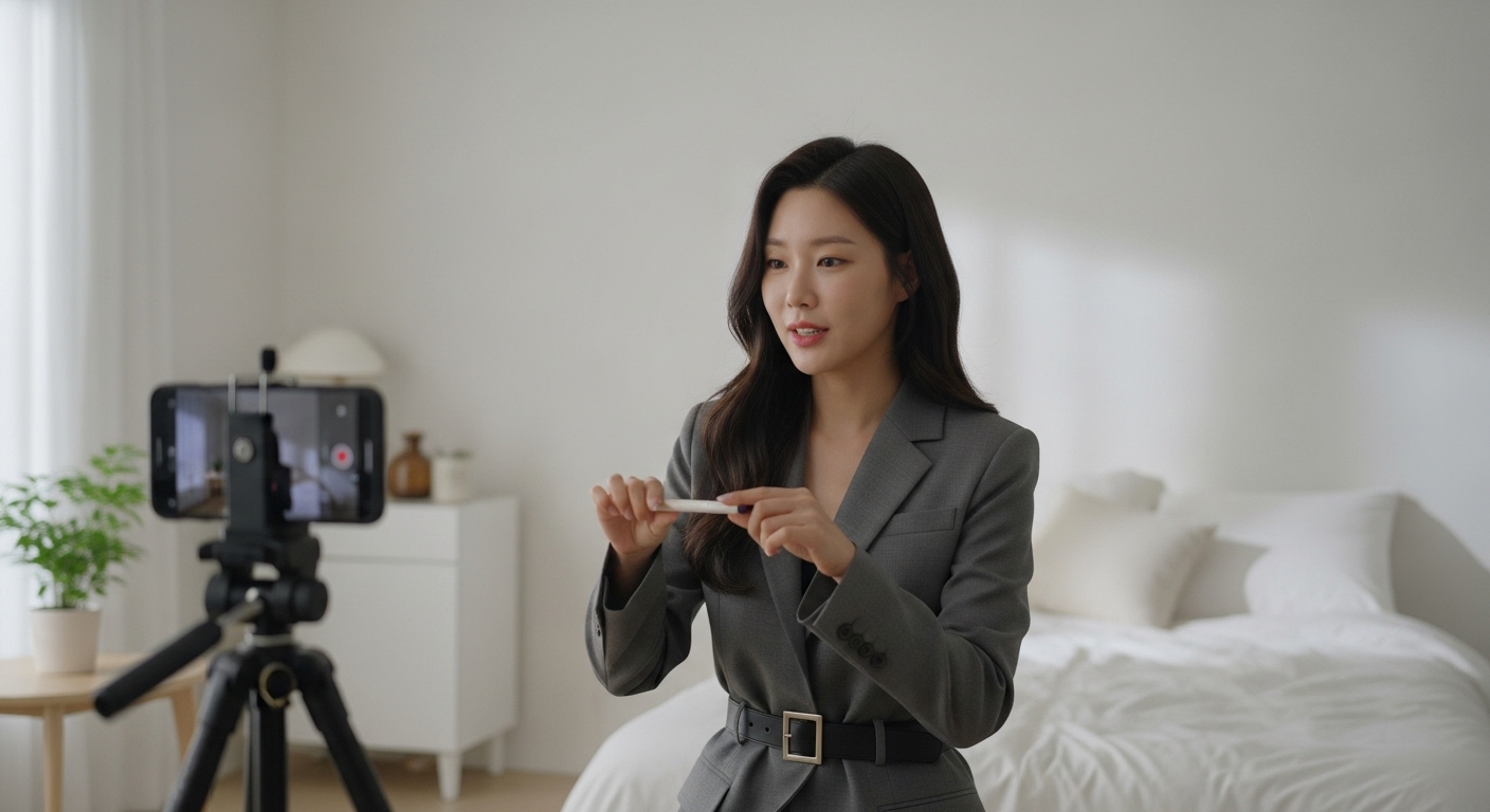 깔끔한 한국 스튜디오 아파트에서 유용한 정보를 담은 유튜브 쇼츠 영상을 촬영하는 세련된 한국 여성. 삼각대에 스마트폰을 세워두고 시연하는 모습.