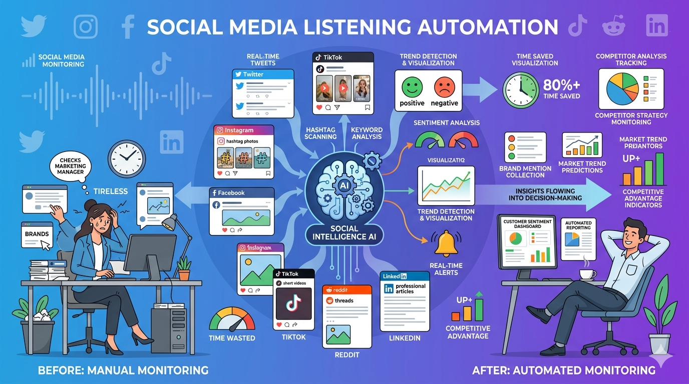 'SOCIAL MEDIA LISTENING AUTOMATION'이라는 타이틀의 소셜 인텔리전스 인포그래픽 이미지.