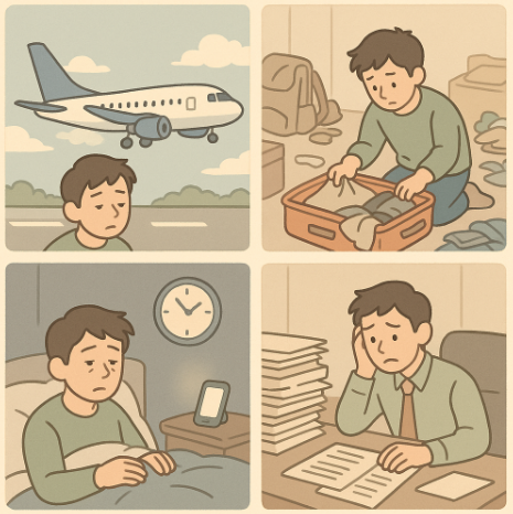 여행으로 피곤함을 느끼고 있는 남성