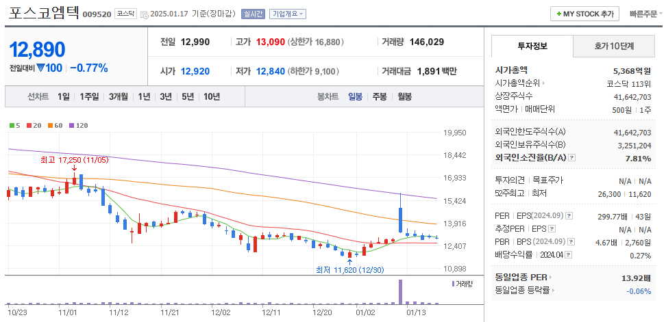 희토류 관련주 포스코엠텍 주가 차트