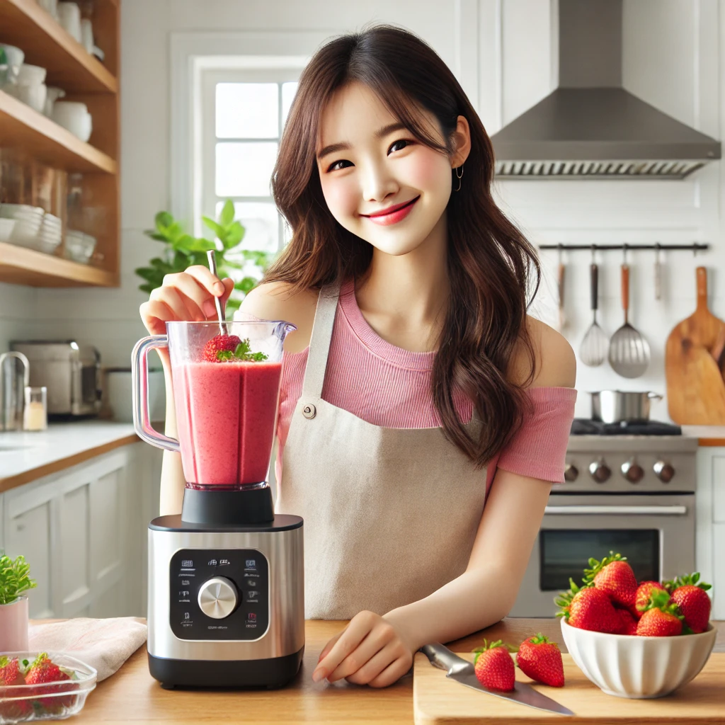 밝은 현대적인 주방에서 딸기 스무디를 만드는 한국 여성, 파스텔색 앞치마 착용, 신선한 딸기와 블렌더, 따뜻한 자연광이 비추는 감성적인 장면.