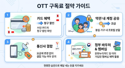 OTT 구독료를 반값 이하로 줄이는 방법을 시각적으로 요약한 아주 단순한 인포그래픽