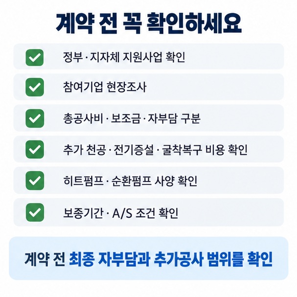 정부 주택지원사업과 지자체 융복합지원사업을 활용해 지열 설치비 자부담을 줄이고 견적 계약 보조금 추가공사를 확인하는 이미지