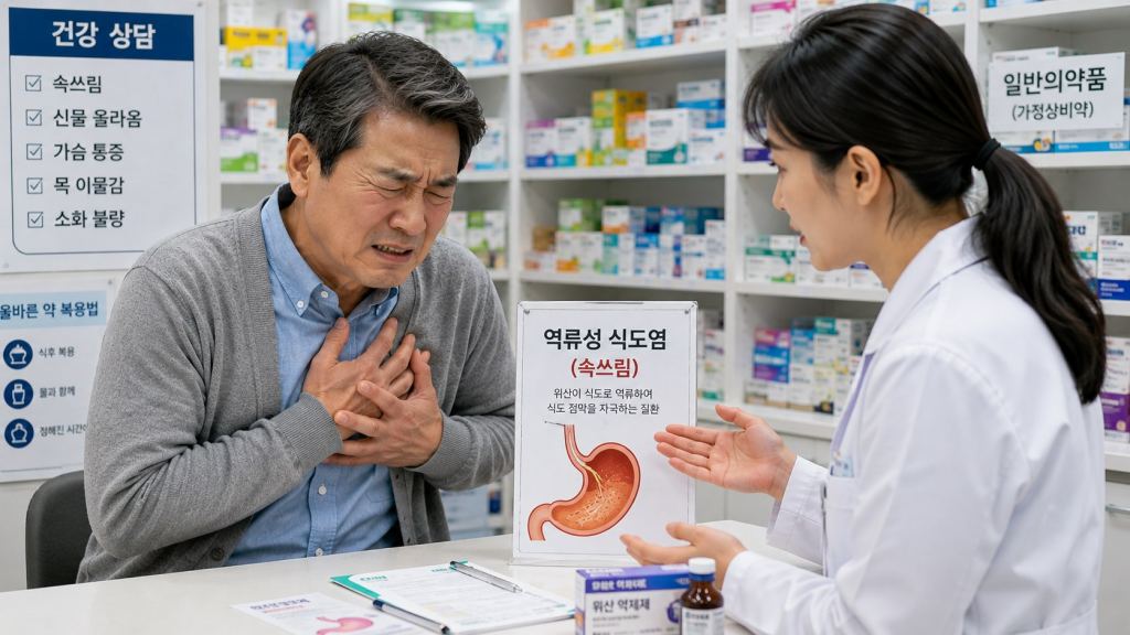 역류성 식도염으로 가슴쓰림 손을 가슴에 데고 약사님과 상담하는 모습입니다