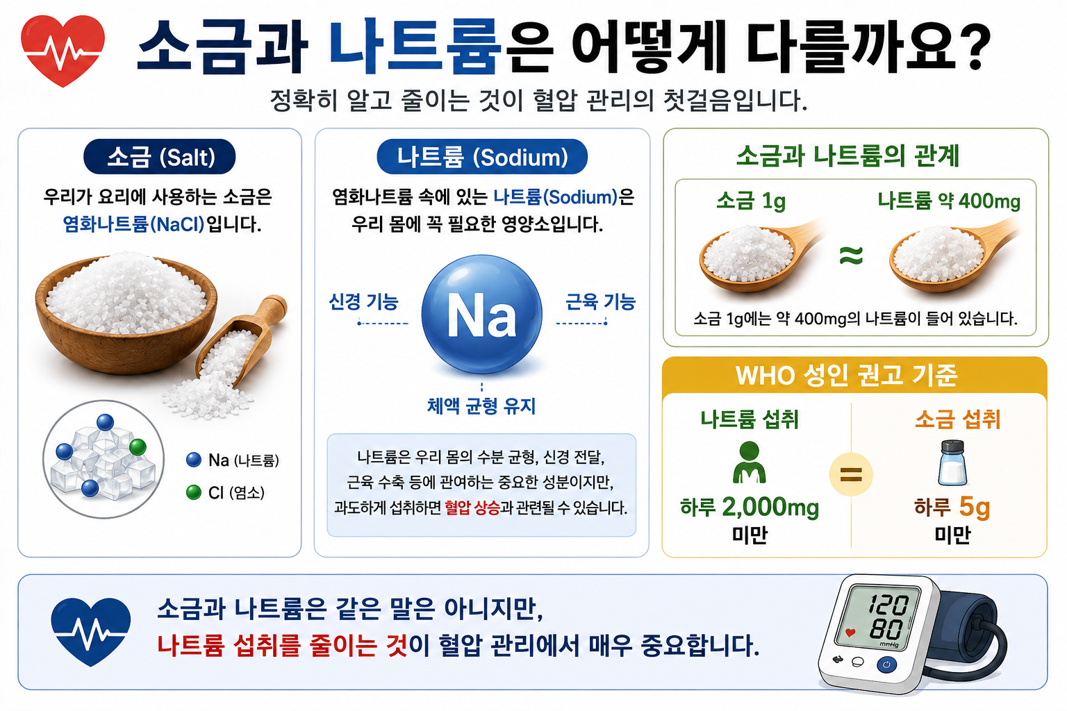 소금 1g과 나트륨 약400mg의 환산 및 WHO 성인 권고를 설명한 그림