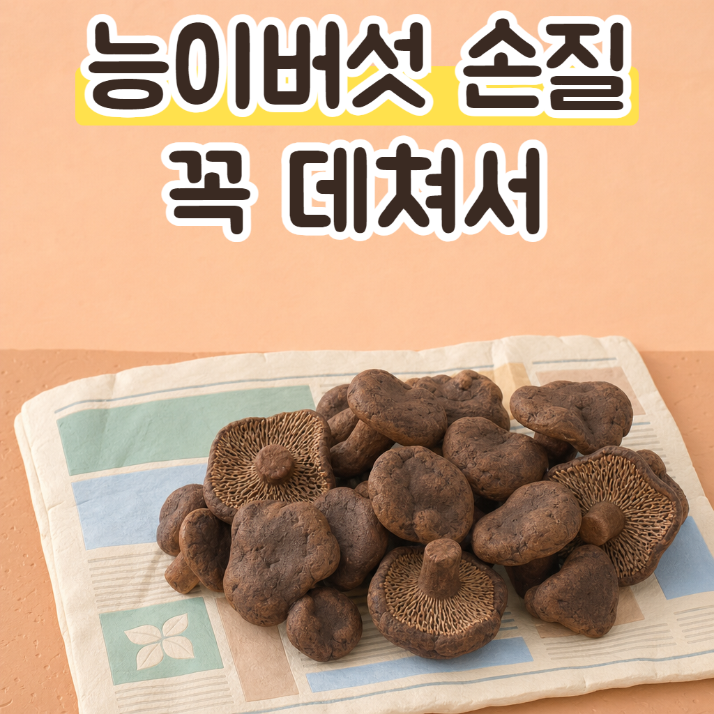 신문지 위에 펼쳐 놓은 짙은 갈색 능이버섯 한 무더기