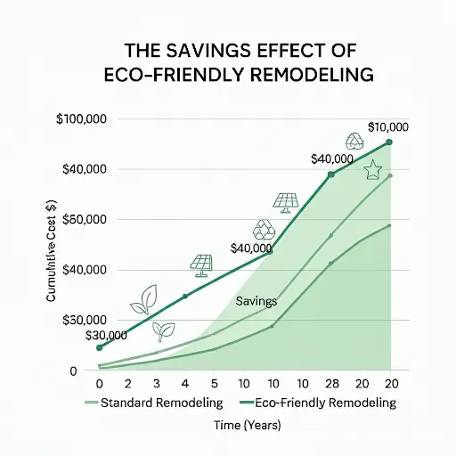친환경 리모델링 후 연간 전기 및 난방비 절감 효과를 보여주는 그래프. 리모델링 전후의 에너지 비용을 비교한 그래프입니다.