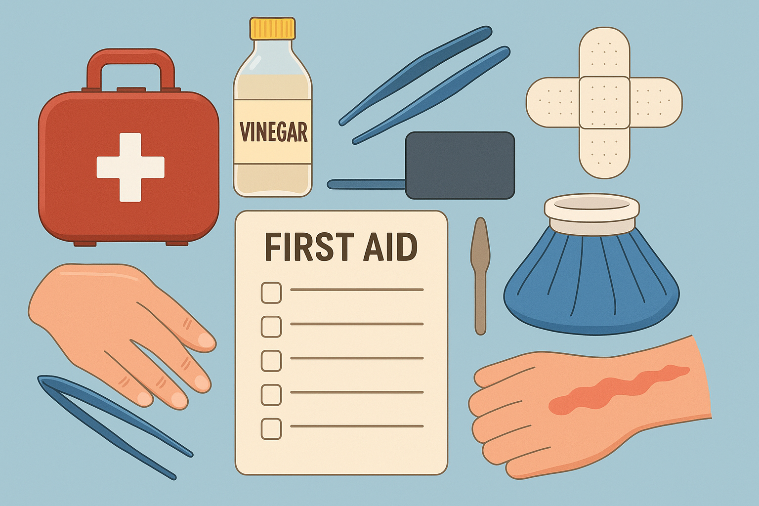 해파리 쏘임 응급처치를 위한 응급키트 구성품 플랫레이 &ndash; 식초병, 집게, 카드, 얼음팩, 체크리스트가 정돈돼 배치된 이미지