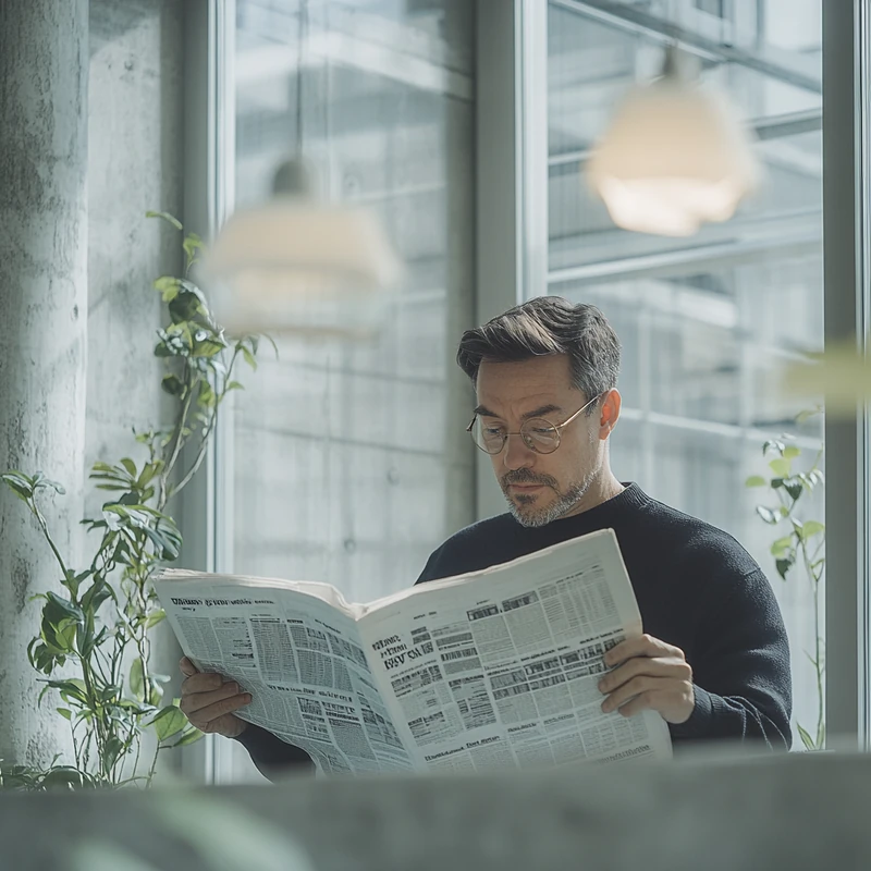 투자가가 2025년 ETF 세금 절약 전략을 깊이 있게 분석하며 신문을 읽고 있다. 자연광이 비추는 사무실 내의 전략적 분위기 속에서 계획적이고 집중된 모습이 돋보인다.