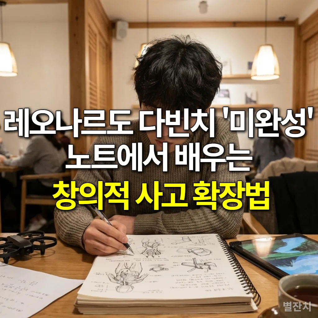 한국인 남성이 카페에서 노트에 스케치와 아이디어를 기록하며 창의적 사고에 몰두하는 모습