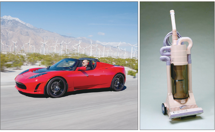 거듭된 실패를 극복하고 결국 큰 성공을 거머쥔 기업 제품이 여럿이다. 사진 왼쪽은 테슬라가 2008년 선보인 초창기 전기차 &lsquo;로드스터&rsquo;. 일론 머스크 테슬라 CEO는 당시 의도적으로 미완성된 제품을 내놔 시장 피드백을 받았고, 결국 모델3와 모델S 성공 밑거름이 됐다. 오른쪽은 1990년대 다이슨 초창기 청소기 모델 G-force. 창업주 제임스 다이슨은 4년 동안 5126개 실패작을 폐기한 후에야 첫 제품을 완성할 수 있었다.