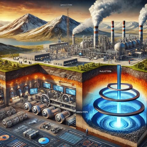 A geothermal power plant located near volcanic or tectonic areas, with visible steam plumes
An underground diagram showing how injection and production wells tap into hot reservoirs
Engineers inspecting geothermal turbines or control rooms within a geothermal facility
A 3D model displaying geothermal resource depth, aquifers, and power plant infrastructure