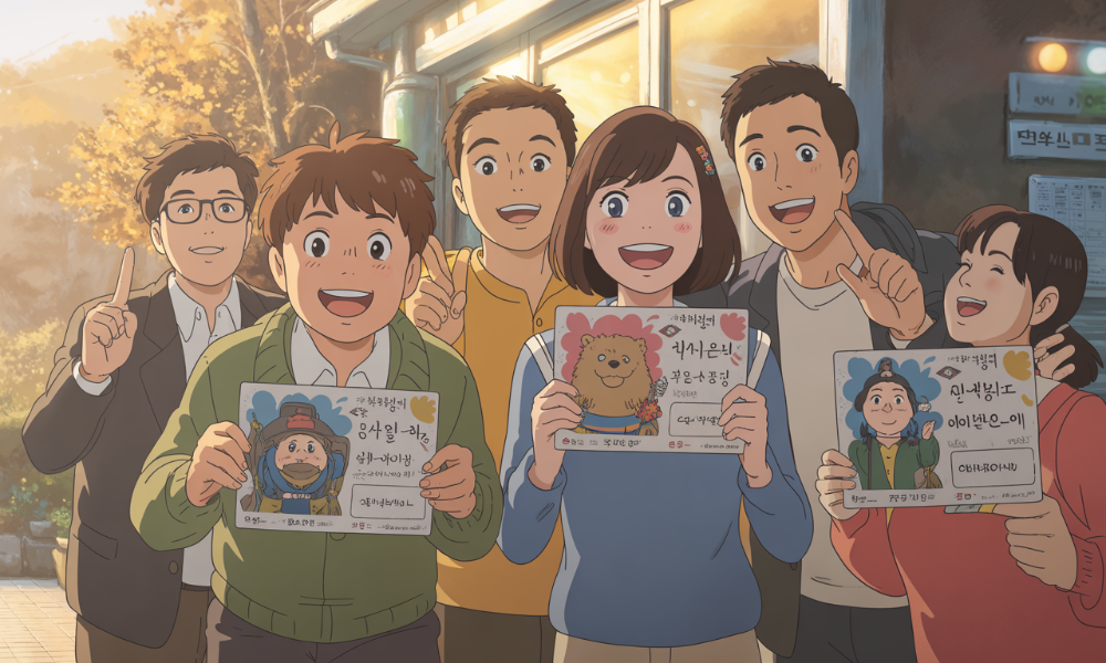 2025년 대선 투표소 앞에서 인기 캐릭터 인증용지를 들고 웃는 젊은이들