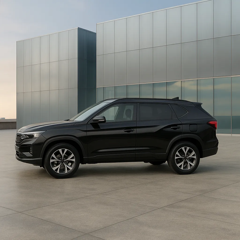 유리 건물 앞에 주차된 블랙 SUV 측면 모습