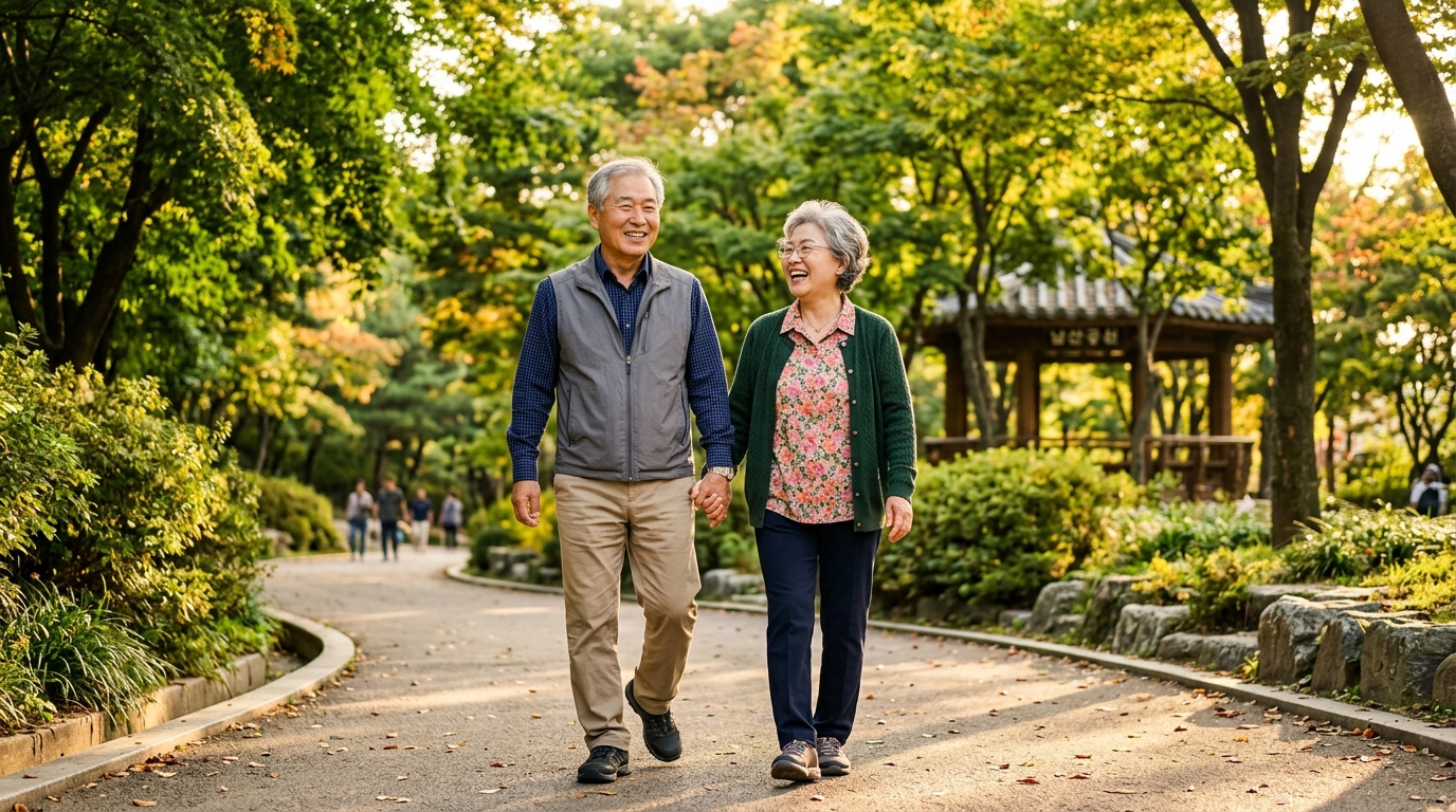 밝은 햇살 아래 공원을 산책하는 건강한 한국 노부부