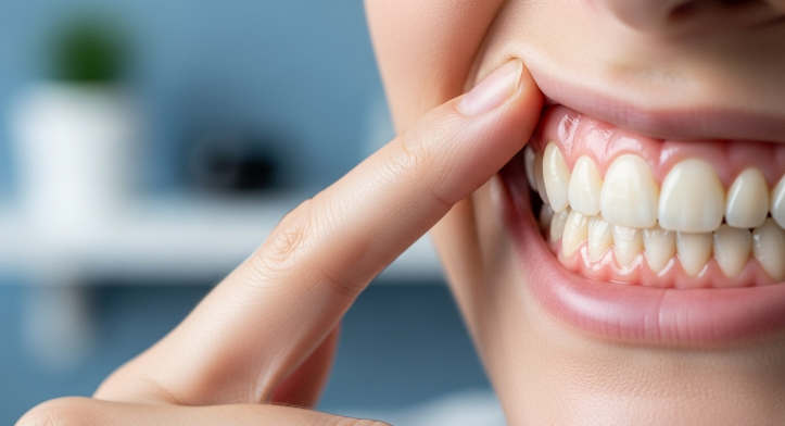 교정 치료를 마친 후 손가락으로 잇몸을 부드럽게 마사지하는 모습. 건강한 잇몸 유지를 위한 자가 관리의 중요성을 나타냅니다.