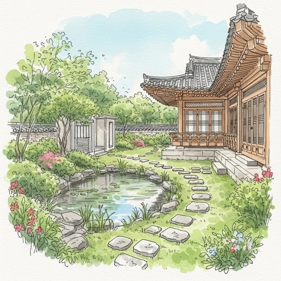 아름다운 한옥과 푸른 정원의 조화로운 풍경