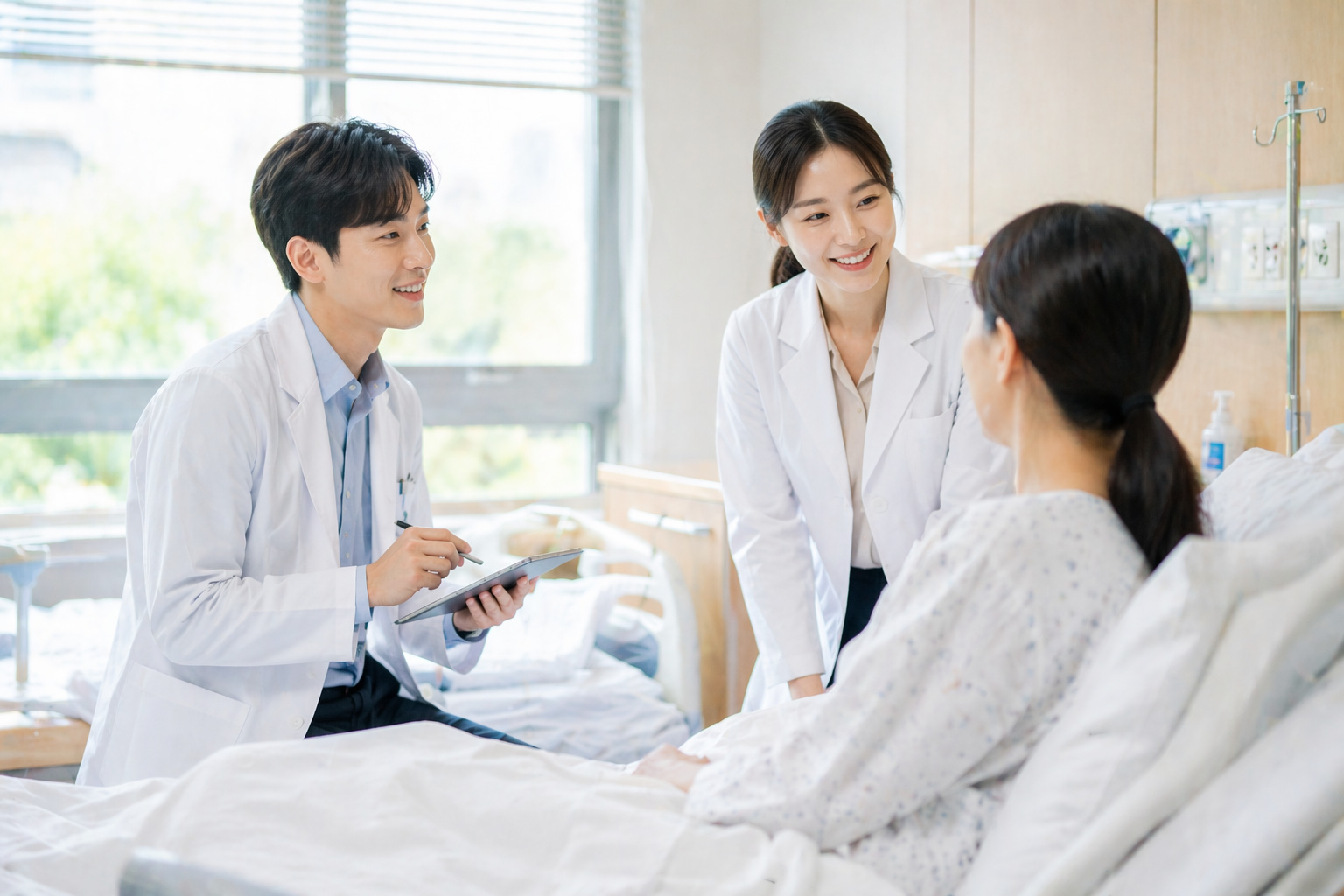 병실에서 의사와 환자가 대화를 나누는 장면, 의사가운을 입은 남녀 의료진이 환자와 상담하는 밝고 따뜻한 병원 분위기