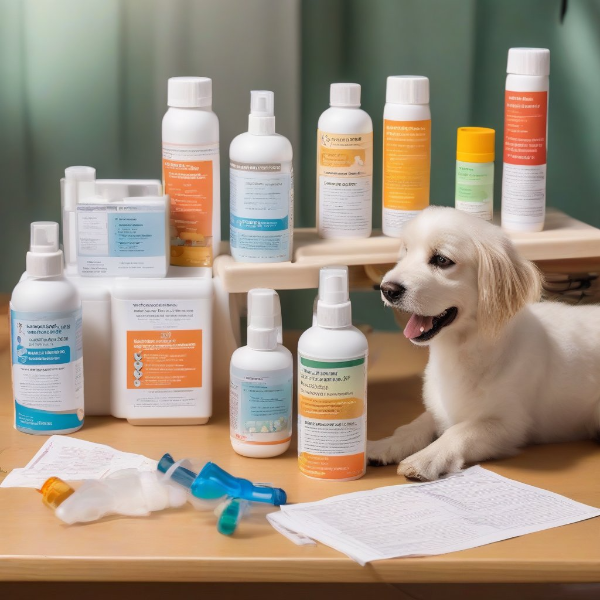 강박 행동 체크리스트, 진정 스프레이, 알러지 영양제가 정리된 반려동물 행동관리용 책상 위 스튜디오컷
