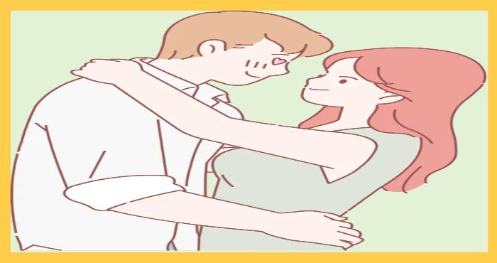 서로 껴안으며 미소 짓는 남성과 여성의 모습으로, 불륜 관계나 은밀한 만남을 상징적으로 표현한 일러스트.