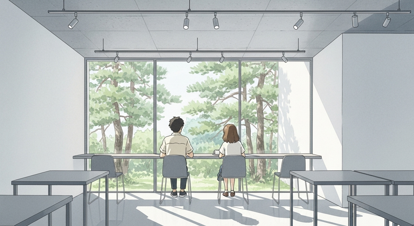 미사리 더릿 카페의 미니멀한 창가 좌석에서 정원을 바라보며 나란히 앉아 있는 30대 커플, 지브리 애니메이션 스타일 일러스트