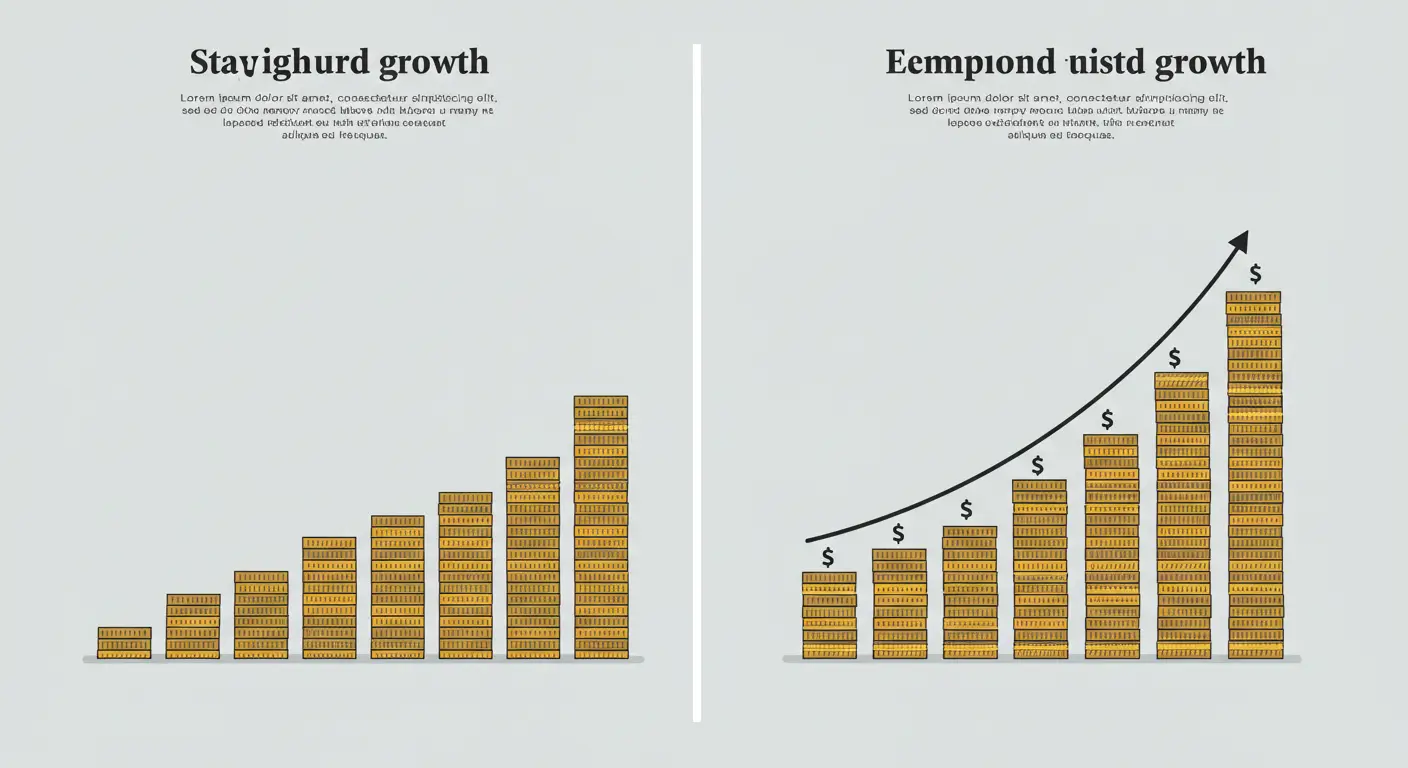 시간이 지날수록 격차가 벌어지는 단리(직선)와 복리(곡선)의 자산 성장 방식 비교