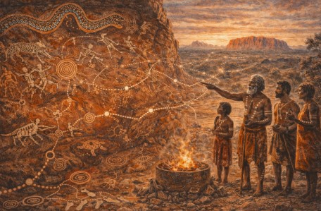 바위 암각화 앞에 모여있는 호주 원주민들.