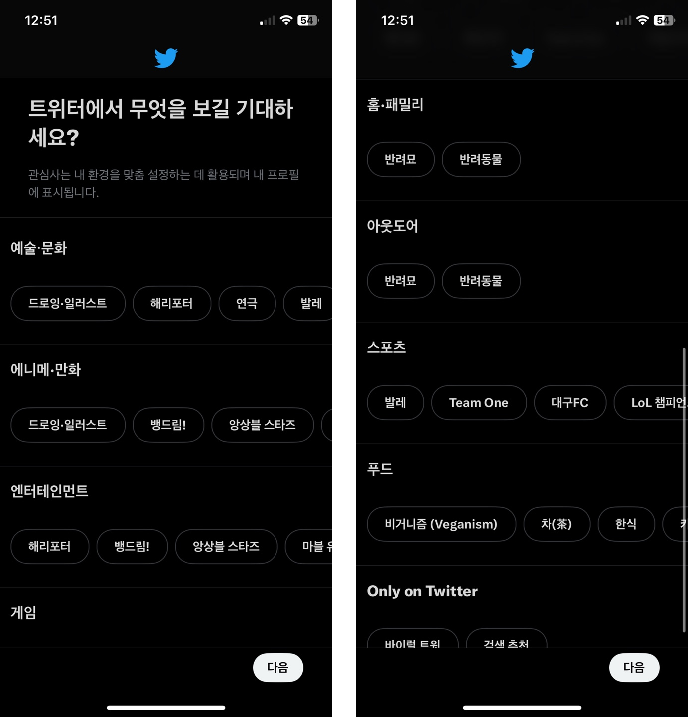 트위터 앱 내에서 관심사를 고르는 화면입니다. 관심사가 좁고, 최소 1개를 필수로 선택해야하는 점이 불편합니다.