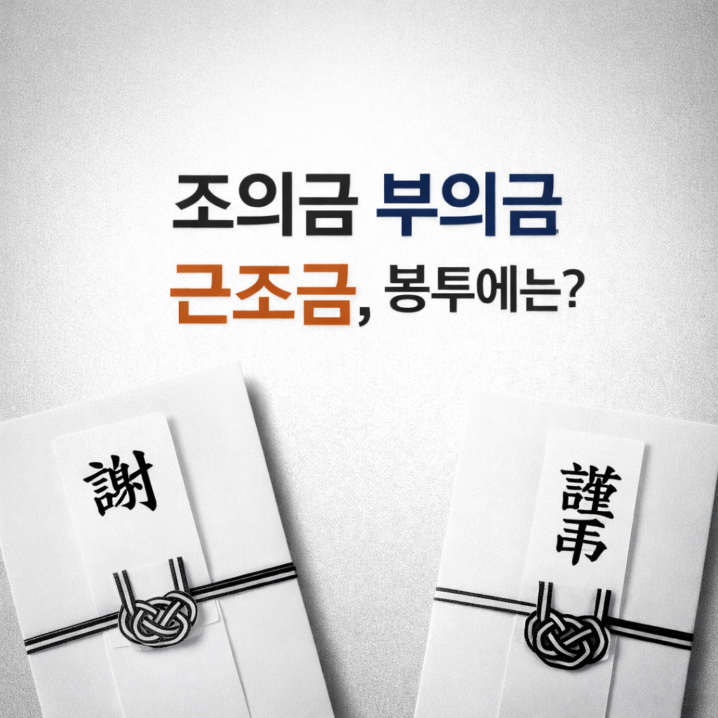 회색 톤의 차분한 배경 위에 조의 봉투 이미지가 배치되어 있고, 가운데에 &lsquo;조의금 부의금 근조금, 봉투에는?&rsquo;이라는 문구가 크게 들어간 정사각형 이미지