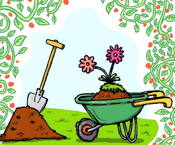 땅을 판 흙위에 삽이 꽂혀있다. 수레에는 흙이 있고 분홍색꽃 두 송이가 피었다.