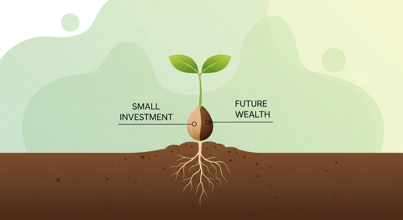 작은 씨앗이 심어져 싹을 틔우는 모습. '소액 투자'라는 씨앗이 미래의 부를 상징하는 싹으로 자라나는 과정을 표현한 그래픽입니다.