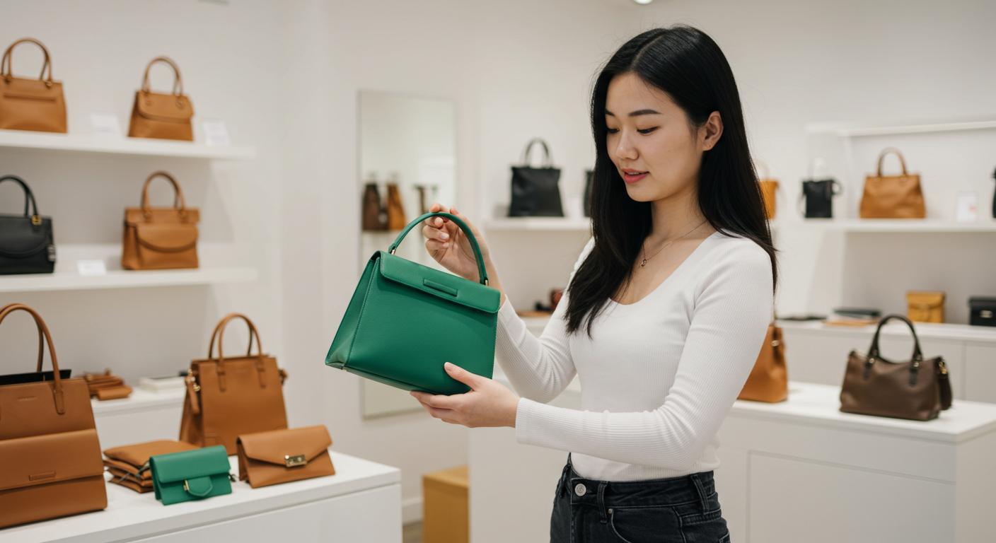 가죽가방을 사려는 여성