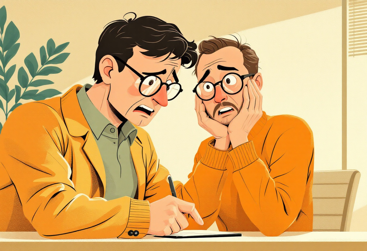 일러스트 두 남자가 공매도에 당황하는 모습