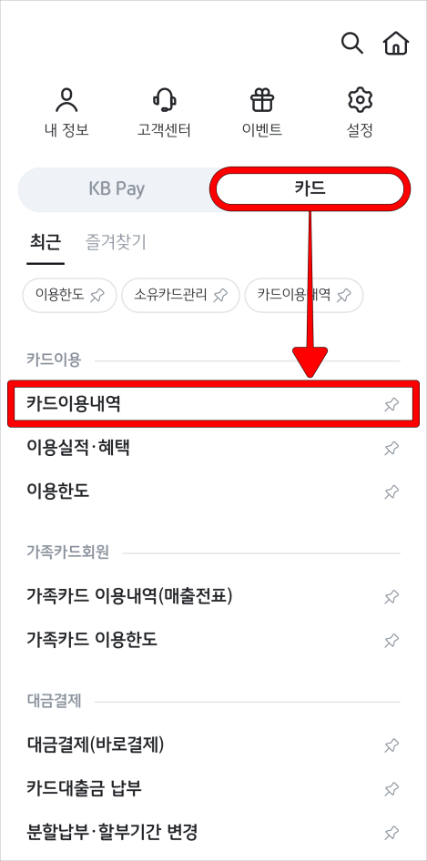 카드 메뉴에서 카드이용내역을 선택