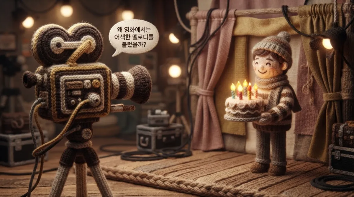 영화 촬영장에서 양털 배우가 촛불 케이크를 들고 있고 니트 카메라가 이를 비추며 워너 뮤직 저작권 부담을 상징하는 손뜨개 배경의 스튜디오 신