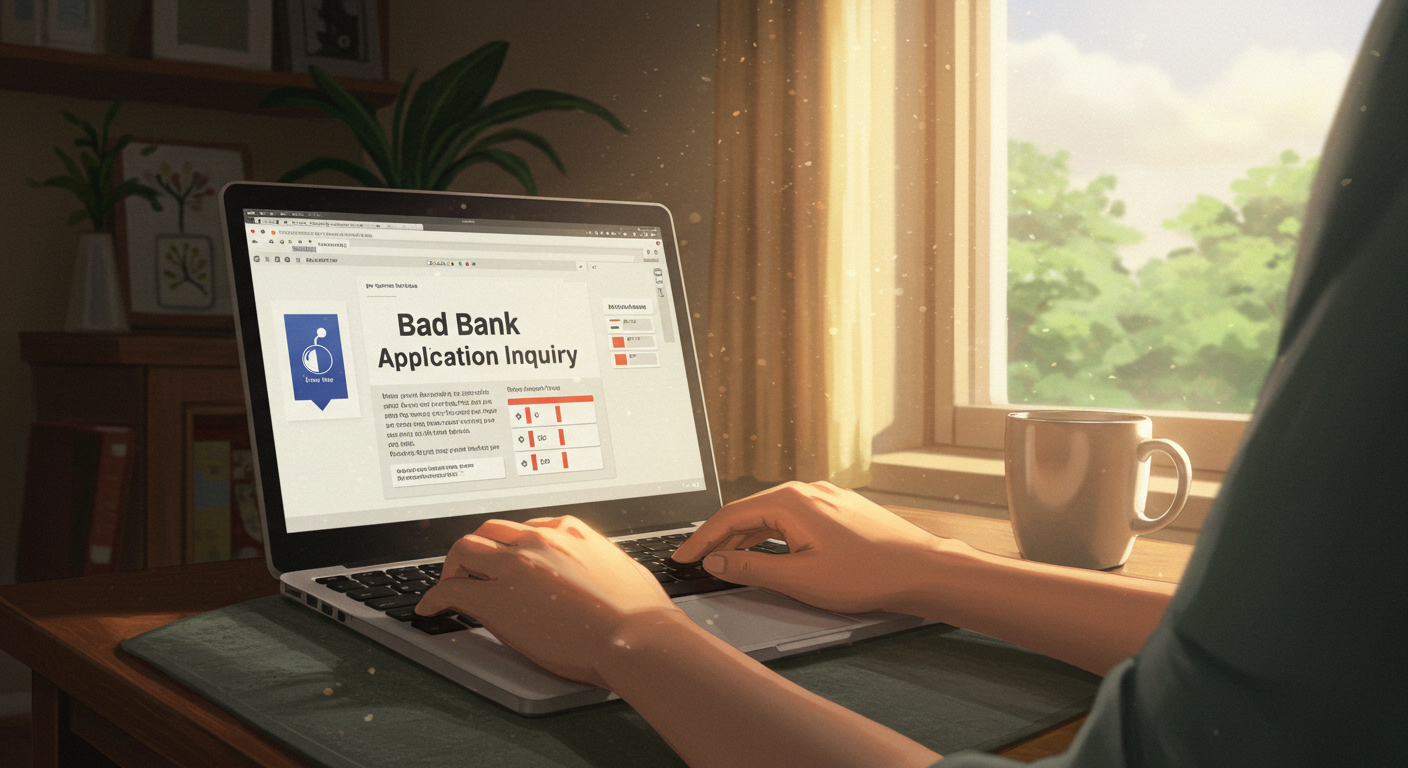 집에서 노트북으로 배드뱅크 신청 여부를 확인하는 사람