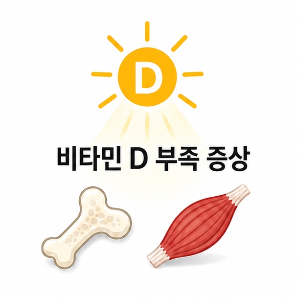 햇빛, 뼈와 근육 아이콘과 함께 비타민 D 부족 증상을 소개하는 교육용 그림