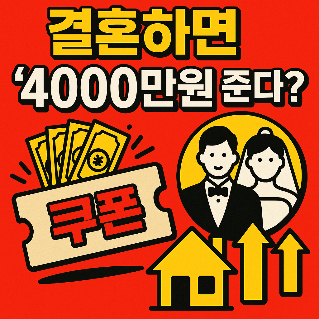 “중국의 결혼 장려 정책을 상징하는 현금 지원, 쿠폰, 신혼부부 아이콘이 결합된 경고형 썸네일 이미지”