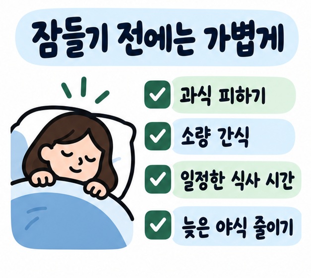 잠들기 전 과식보다 가벼운 간식과 일정한 식사 시간을 유지하는 방법을 보여주는 카드