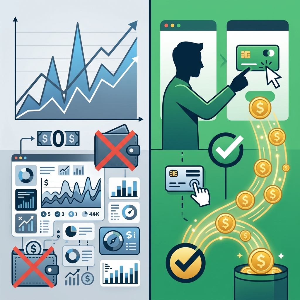 CTR은 높지만 수익이 발생하지 않는 구조와 실제 전환이 일어나는 수익 구조 비교 이미지