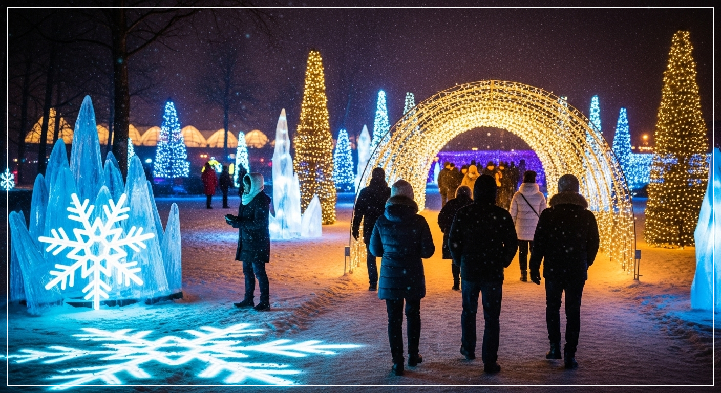 겨울밤 조명 설치가 있는 야외 전시 공간을 걷는 관람객의 뒷모습, 따뜻한 빛과 겨울 분위기가 어우러진 장면